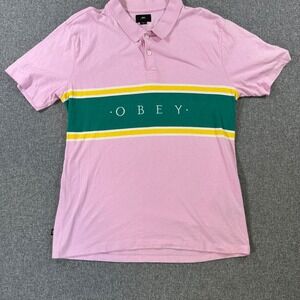 Obey Mens Polo Shirt Medium Pink Green Yellow Stripe Cotton Short Sleeve Y2K Top